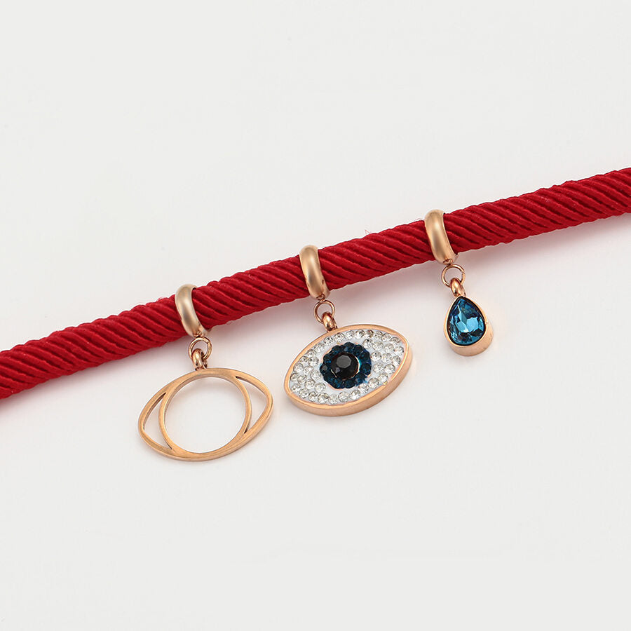 zoomed Red String Bracelet with blue crystal, two eye symbol - beautiquepoint.com